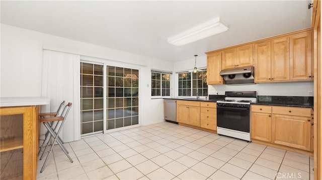 kitchen with stainless steel dishwasher, range hood, white range with gas stovetop, decorative light fixtures, and light brown cabinetry