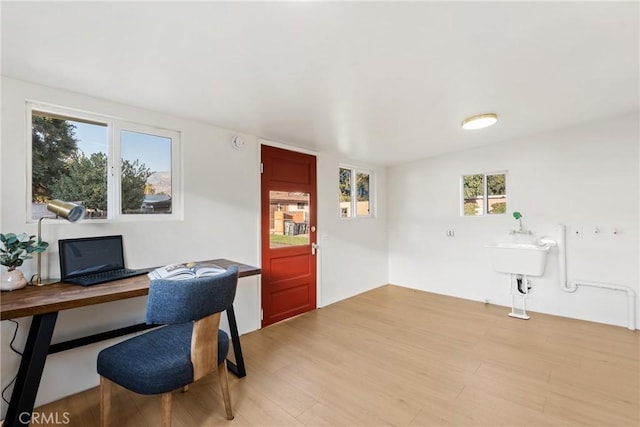 office space with hardwood / wood-style flooring and a healthy amount of sunlight