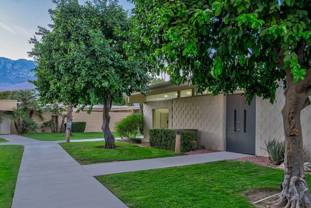 view of front of home with a mountain view and a front lawn