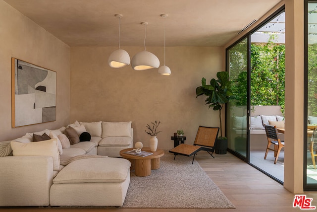 living room with light hardwood / wood-style flooring and a wall of windows