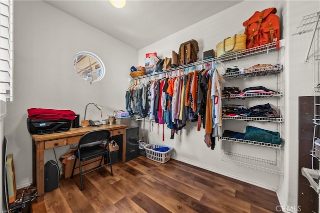 spacious closet with lofted ceiling and hardwood / wood-style flooring