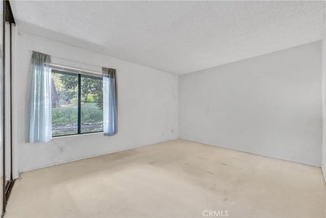 spare room featuring light carpet and a textured ceiling