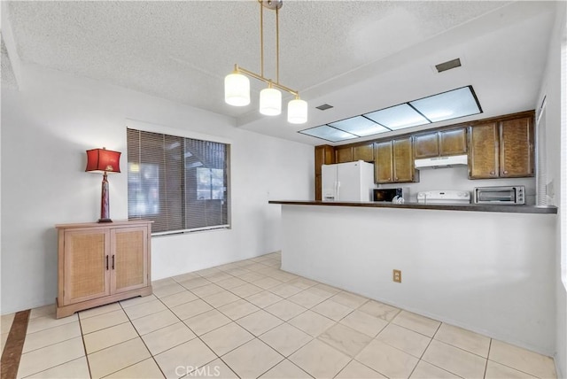 kitchen featuring pendant lighting, a textured ceiling, range, white refrigerator with ice dispenser, and kitchen peninsula