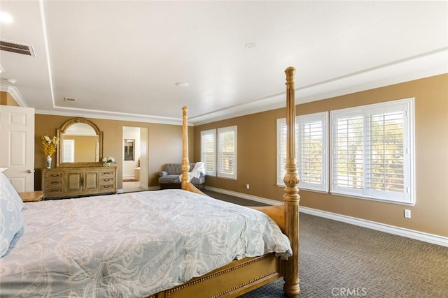 carpeted bedroom with ornamental molding