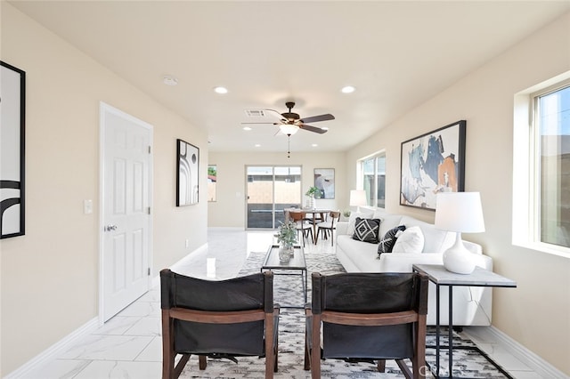 dining room with ceiling fan