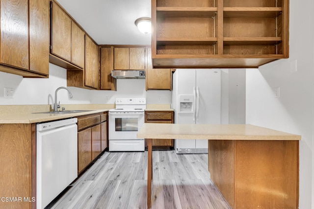 kitchen featuring white appliances, light hardwood / wood-style flooring, and sink