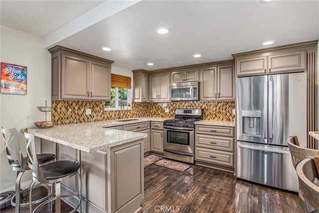 kitchen with kitchen peninsula, light stone countertops, dark hardwood / wood-style floors, sink, and stainless steel appliances