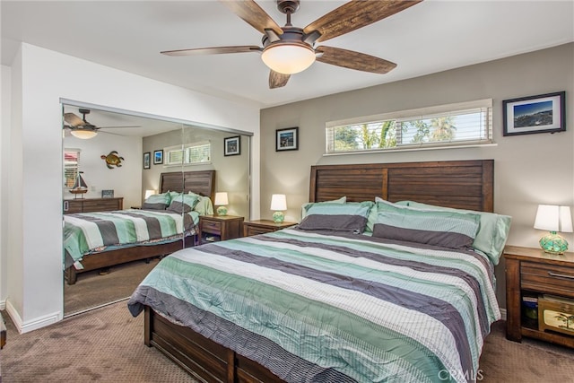 bedroom featuring a closet, ceiling fan, and carpet floors