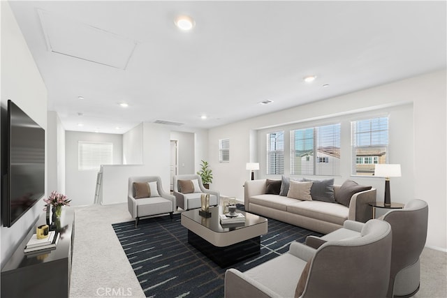 living room featuring dark colored carpet