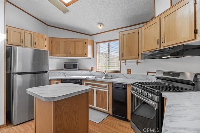 kitchen featuring under cabinet range hood, stainless steel appliances, a sink, a kitchen island, and light countertops