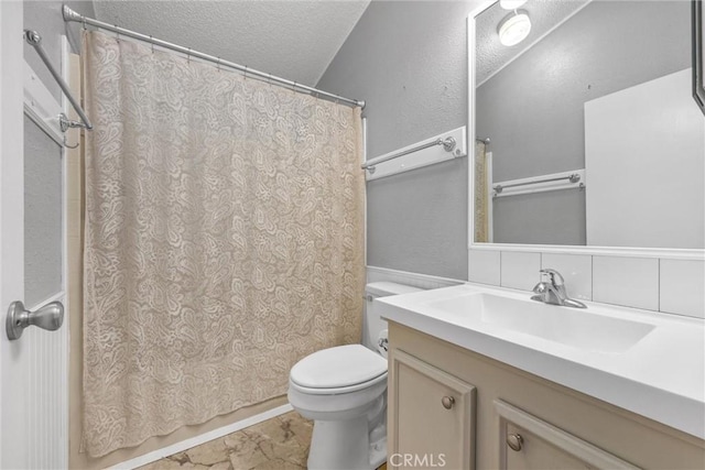 full bath with toilet, tasteful backsplash, a textured ceiling, and vanity