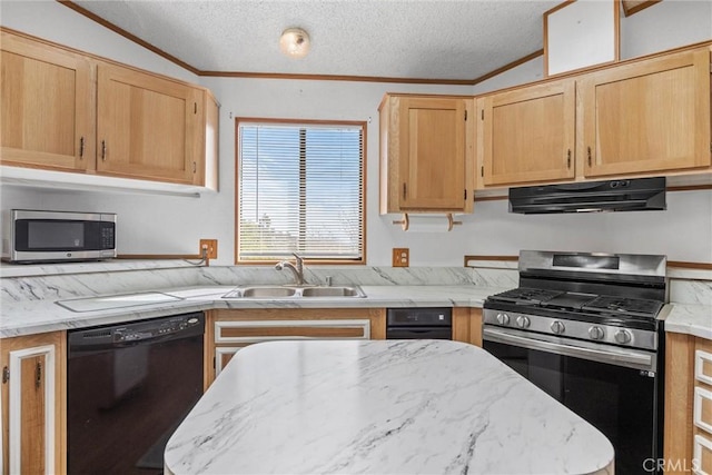 kitchen with crown molding, appliances with stainless steel finishes, a sink, and under cabinet range hood