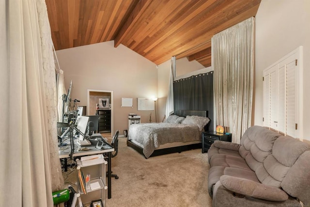 carpeted bedroom featuring beam ceiling, high vaulted ceiling, and wood ceiling