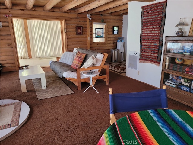 living room featuring carpet, log walls, and beamed ceiling