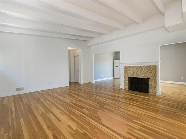 unfurnished living room with hardwood / wood-style floors, beamed ceiling, and a tile fireplace