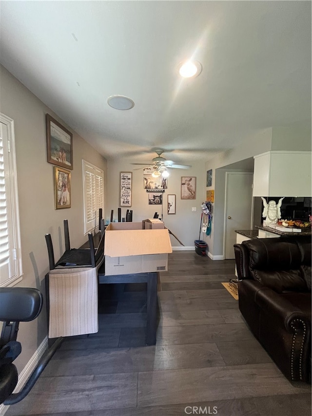 interior space with ceiling fan and dark hardwood / wood-style flooring