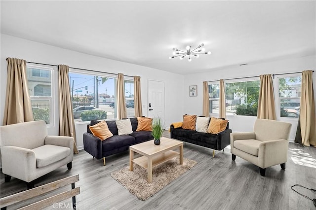 living room with light hardwood / wood-style flooring, a healthy amount of sunlight, and an inviting chandelier