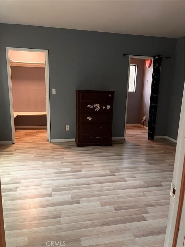 interior space featuring a walk in closet, light hardwood / wood-style flooring, and a closet