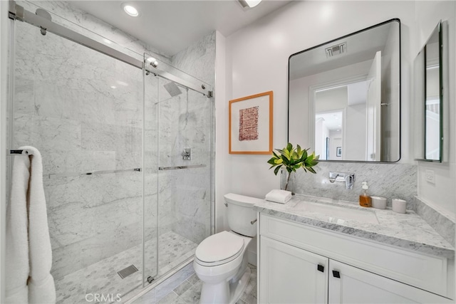 bathroom with a shower with door, decorative backsplash, toilet, and vanity