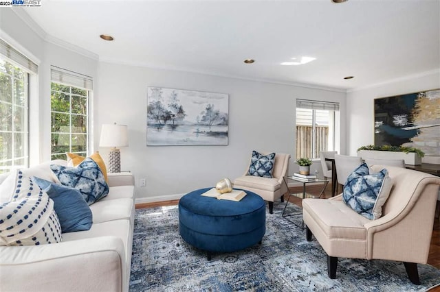 living room featuring wood-type flooring and ornamental molding