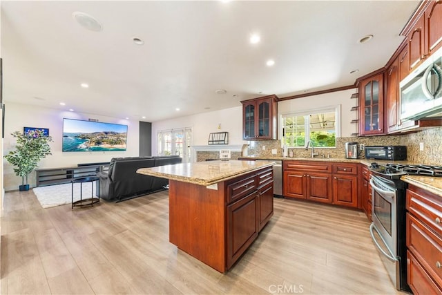 kitchen featuring a healthy amount of sunlight, light hardwood / wood-style floors, and stainless steel appliances