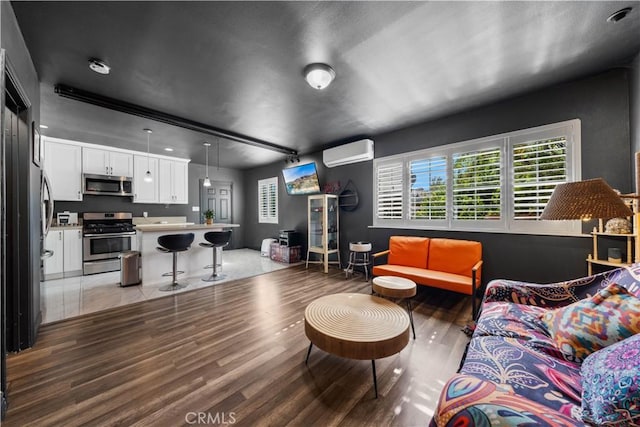 living room featuring a wall mounted AC and dark wood-type flooring