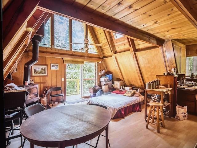 bedroom featuring wood walls, lofted ceiling with beams, a wood stove, wood ceiling, and light wood-type flooring