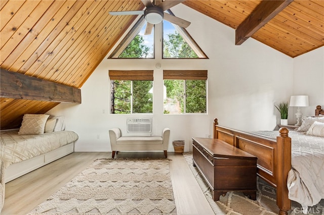 bedroom featuring light hardwood / wood-style flooring, beam ceiling, wooden ceiling, and ceiling fan