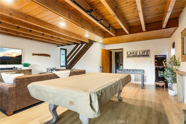 rec room with wooden ceiling, track lighting, and light wood-type flooring