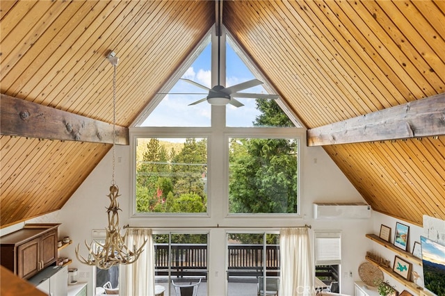 details with wood ceiling, a skylight, a wall mounted AC, and ceiling fan with notable chandelier