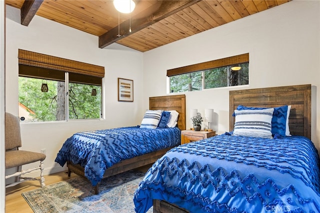 bedroom with wood ceiling, hardwood / wood-style flooring, beamed ceiling, and multiple windows