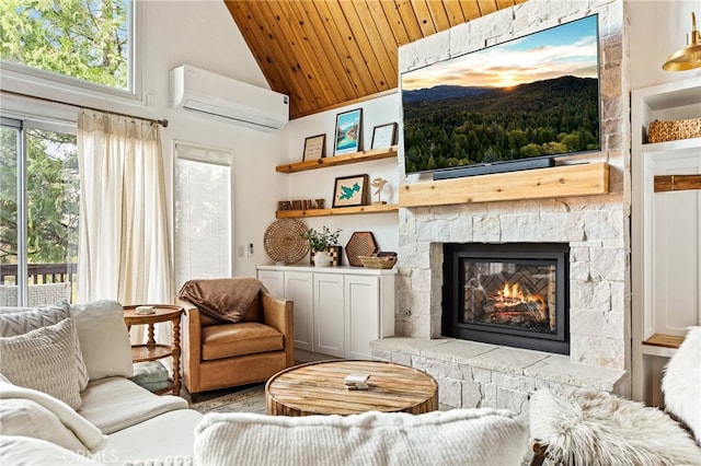 living room featuring high vaulted ceiling, wooden ceiling, a wall mounted air conditioner, and a fireplace