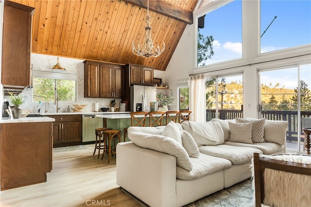 living room with an inviting chandelier, high vaulted ceiling, wooden ceiling, light wood-type flooring, and sink