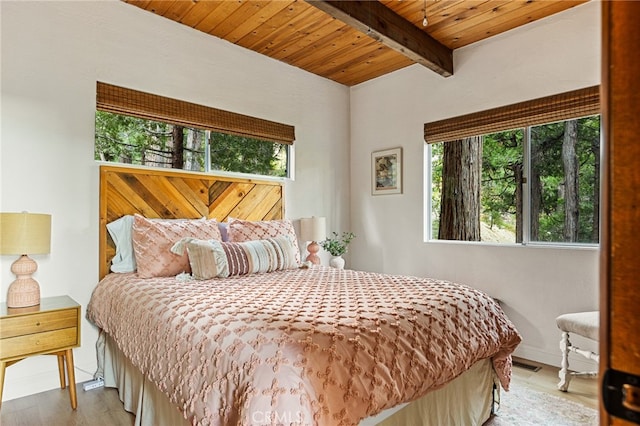 bedroom featuring light hardwood / wood-style flooring, wood ceiling, beam ceiling, and multiple windows