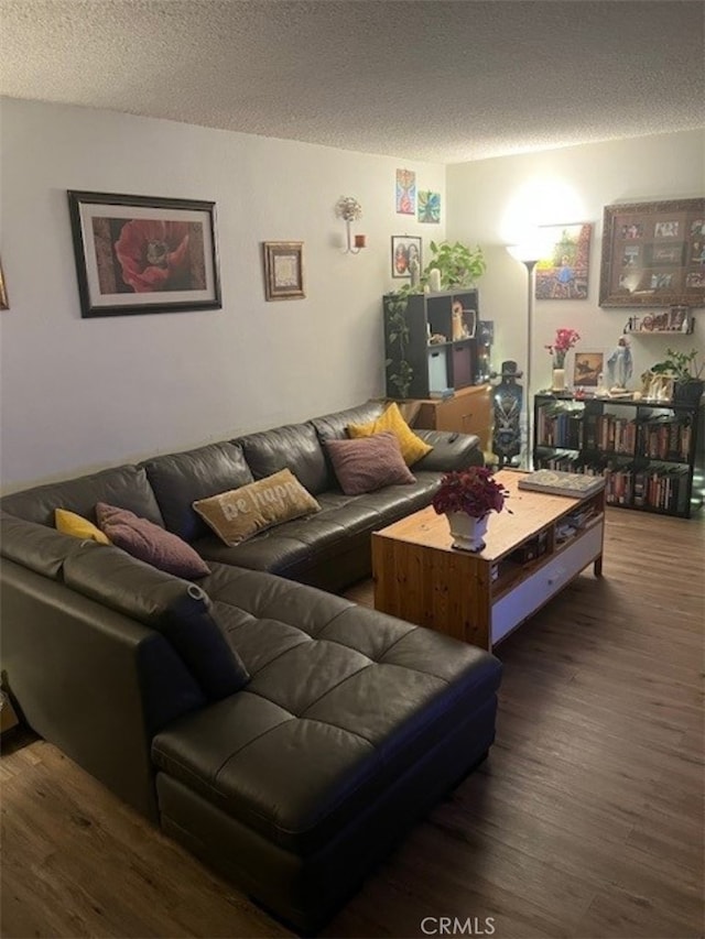 living room featuring dark hardwood / wood-style flooring and a textured ceiling