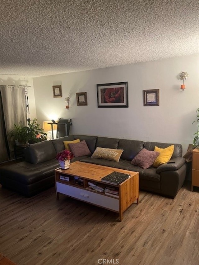 living room featuring wood-type flooring and a textured ceiling