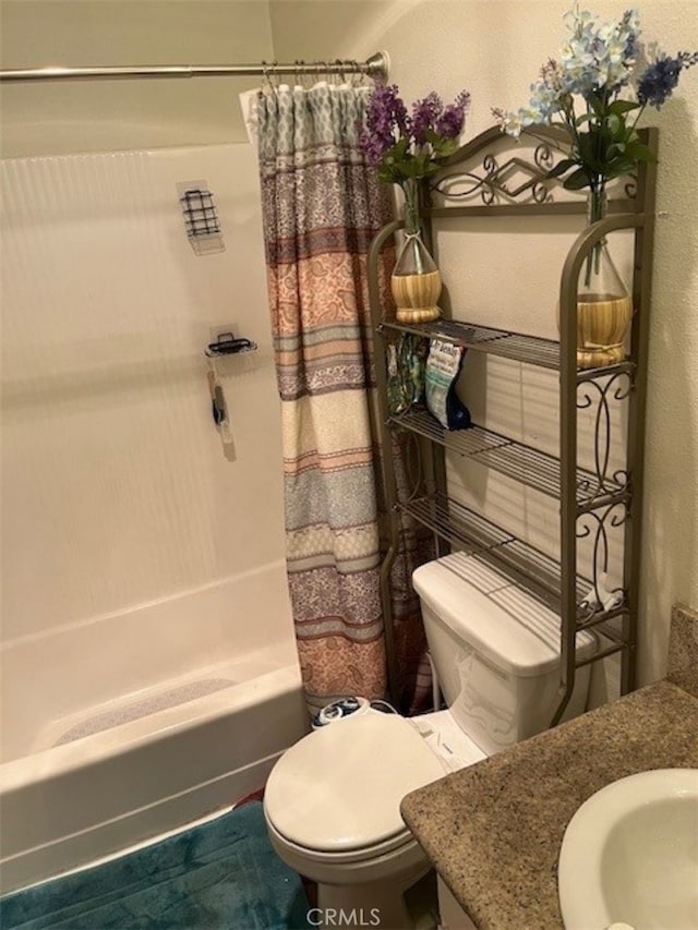 full bathroom featuring vanity, toilet, and shower / bathtub combination with curtain