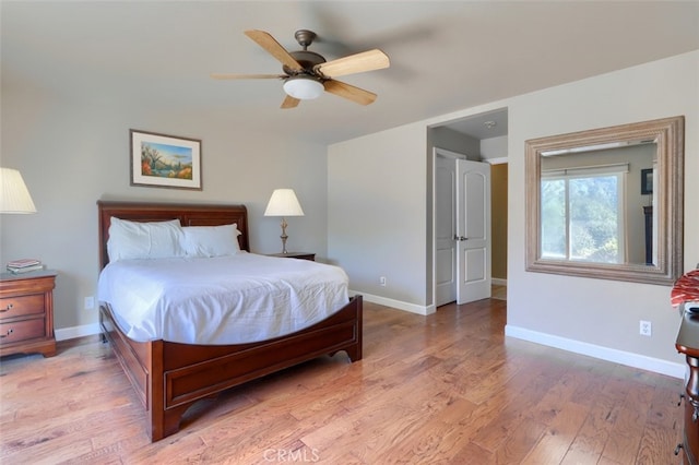 bedroom with light hardwood / wood-style floors and ceiling fan