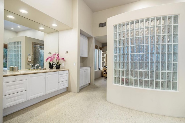 bathroom with vanity and walk in shower