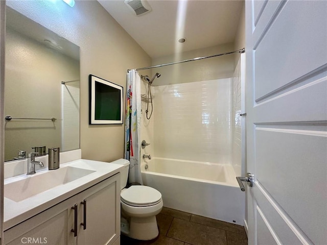 bathroom with tile patterned flooring, visible vents, toilet, shower / bath combo, and vanity