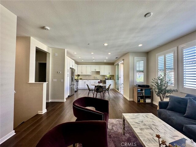 living room featuring a textured ceiling and dark hardwood / wood-style flooring