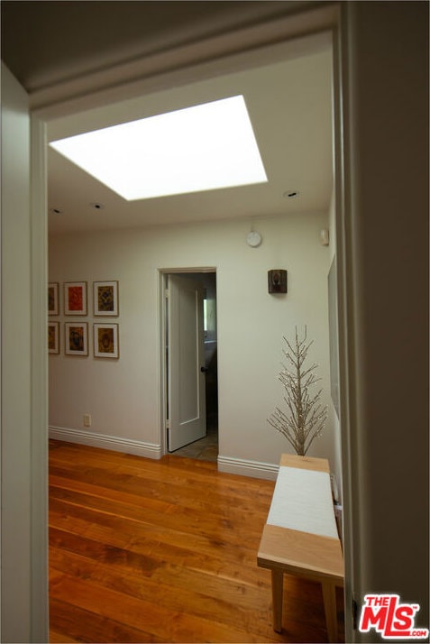 hall featuring hardwood / wood-style floors and a skylight