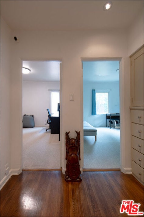 hallway with dark wood-type flooring