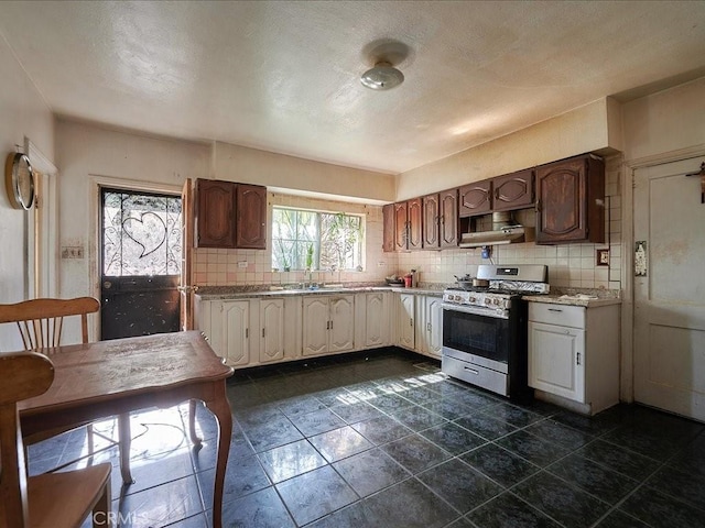 kitchen featuring backsplash, stainless steel range, extractor fan, and sink