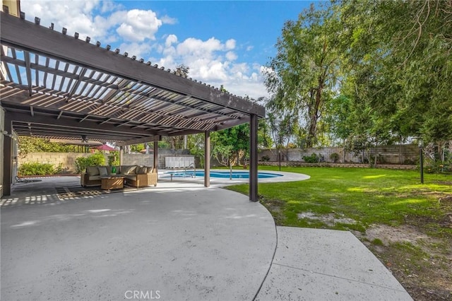 view of patio / terrace featuring outdoor lounge area, a pergola, and a fenced in pool