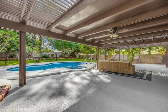 view of swimming pool featuring ceiling fan, an outdoor living space, and a patio