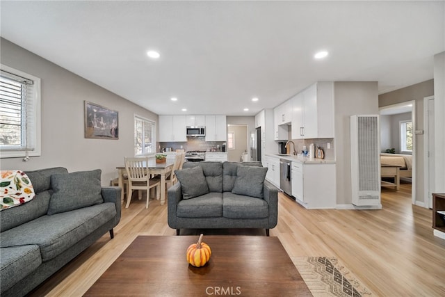 living room featuring sink and light hardwood / wood-style floors