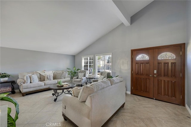 tiled living room with high vaulted ceiling