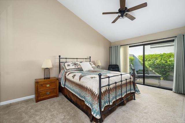 bedroom featuring high vaulted ceiling, light colored carpet, access to outside, and ceiling fan