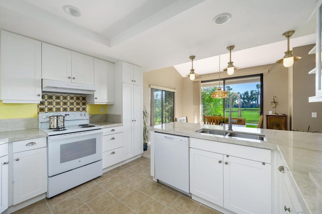 kitchen with hanging light fixtures, sink, light tile patterned floors, white cabinetry, and white appliances